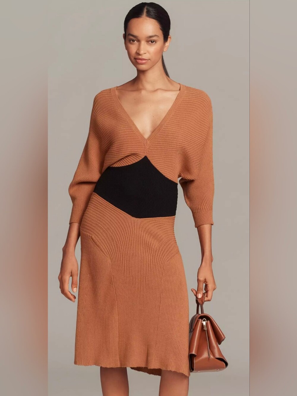 NWT Anthropologie 2X Smocked Waist Ribbed Sweater Dress Camel Black Cozy Chic